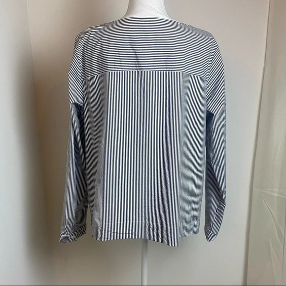 J Crew Top Organic Cotton Striped Box Blouse Black & White Long Sleeve Pocket - Picture 8 of 13